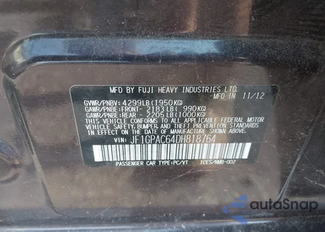 2013 Subaru Impreza 2.0I Premium из США, поврежденный, VIN JF1GPAC64DH818764